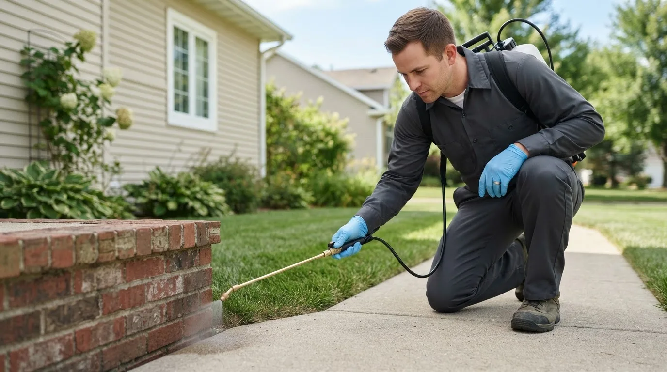 Pest control technician treating a home near Eden Mills, VT